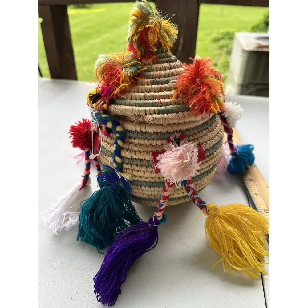 Moroccan handmade straw Lidded Baker pom poms, Boho Folk Art Raffia box